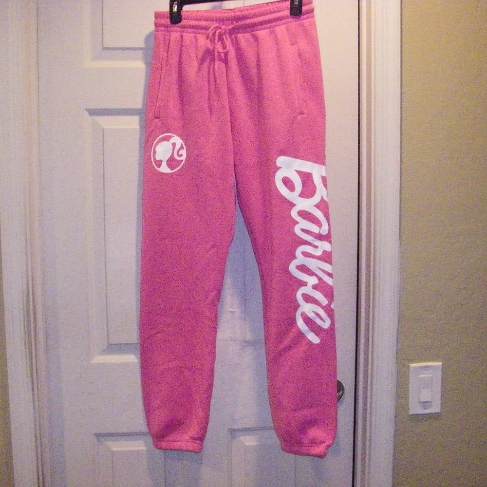 Barbie Sweatpants Joggers Hot Pink w/ White Logo Junior Women's Sizes New - Picture 1 of 16